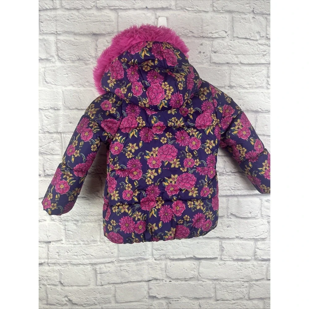 London Fog Girls Kids Floral Faux Fur Hooded Puffer Winter Coat Jacket Size 5-6